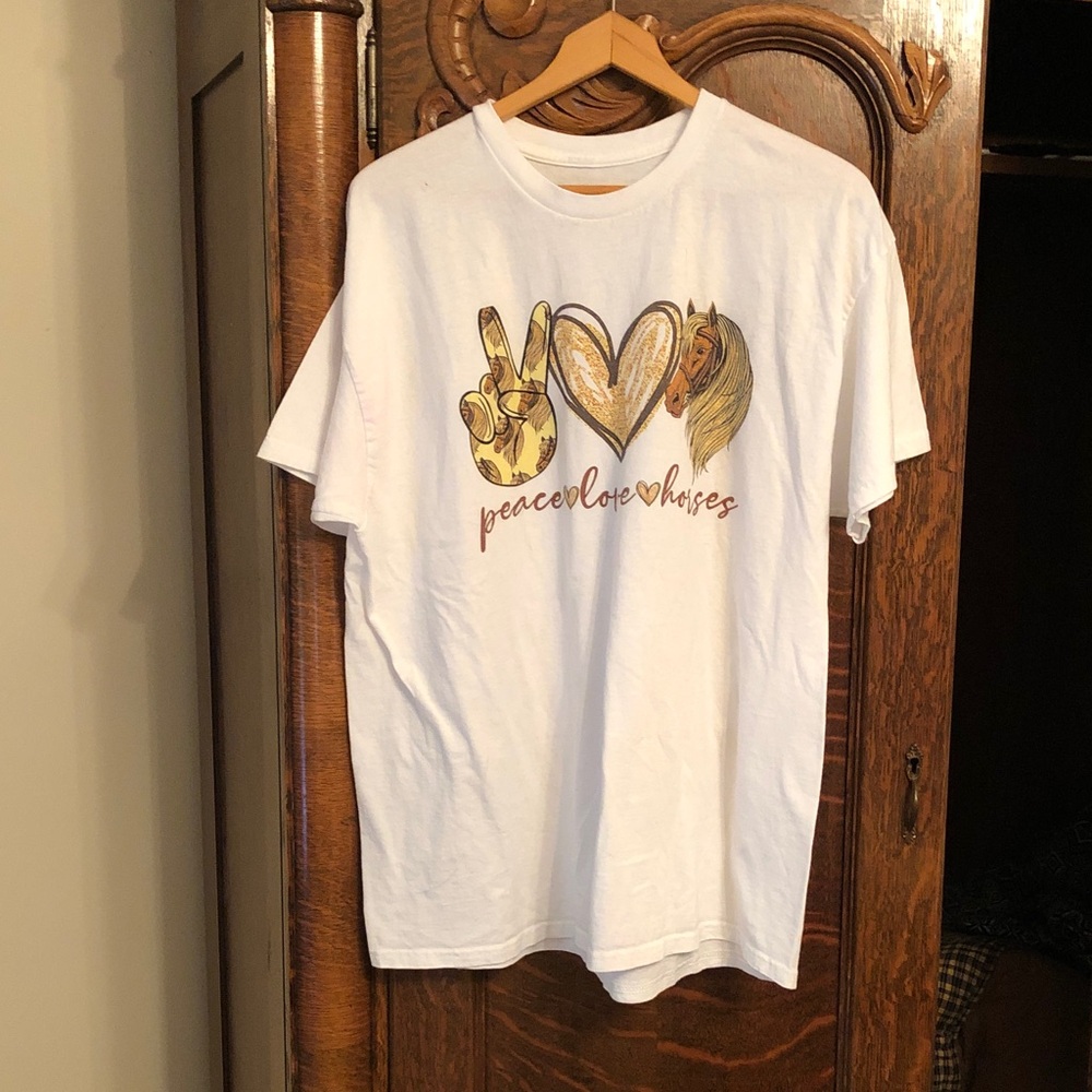 White Graphic T-Shirt with Peace Love Horses Design
